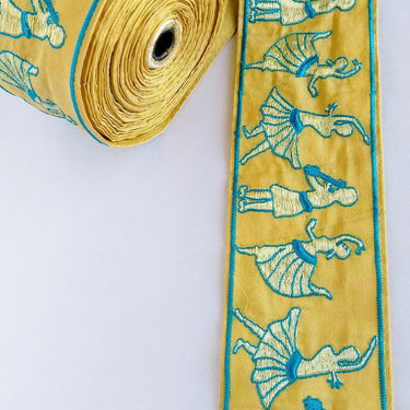 Beige Fabric Trim With Embroidered Dancers And Musicians in Gold & Black / Blue, Dance Music Trims, Approx. 80mm - 210119L514 / 15